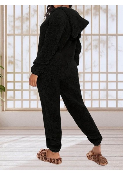 Kadın Uzun Kollu Kapüşonlu Tavşan Kulak Detaylı Peluş Tulum indirimleri