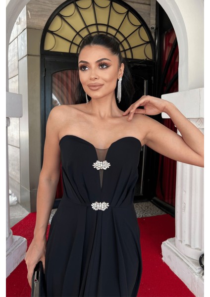 Şifon Kumaş Straplez Abiye Elbise - Siyah fırsatları