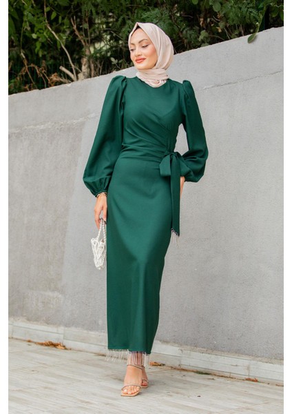 Medy Zincir ve Drapeli Abiye Elbise-Zümrüt