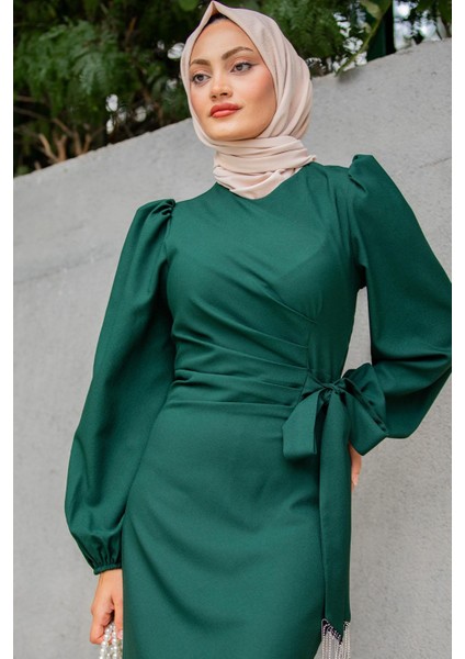 Medy Zincir ve Drapeli Abiye Elbise-Zümrüt fiyatları