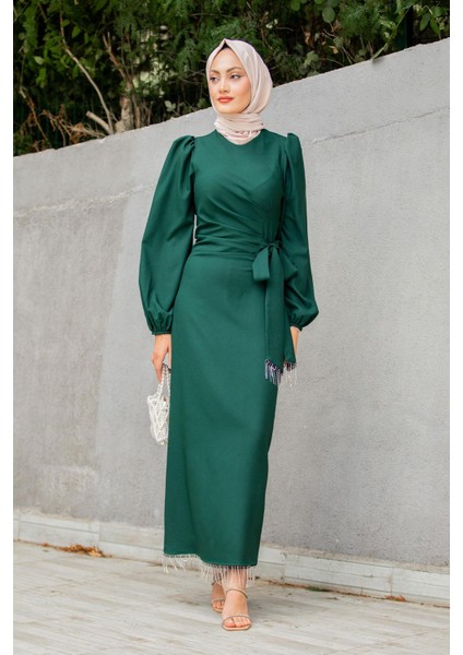 Medy Zincir ve Drapeli Abiye Elbise-Zümrüt modelleri