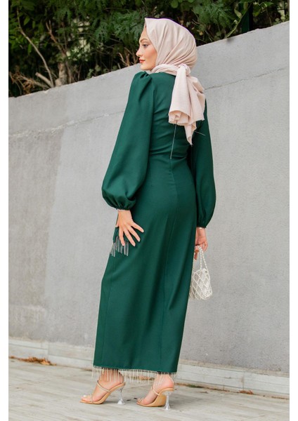 Medy Zincir ve Drapeli Abiye Elbise-Zümrüt fırsatları