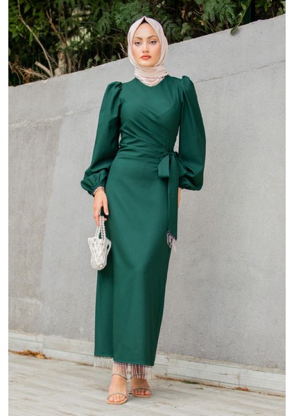 Medy Zincir ve Drapeli Abiye Elbise-Zümrüt indirimleri