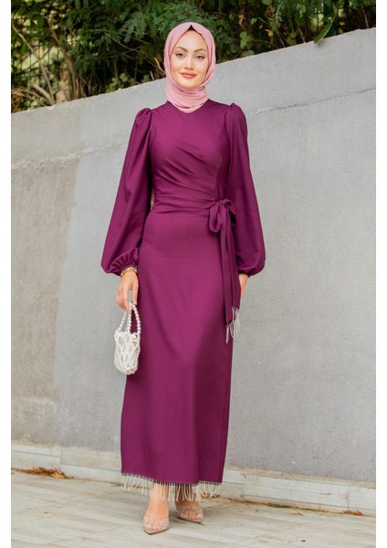 Medy Zincir ve Drapeli Abiye Elbise-Mürdüm