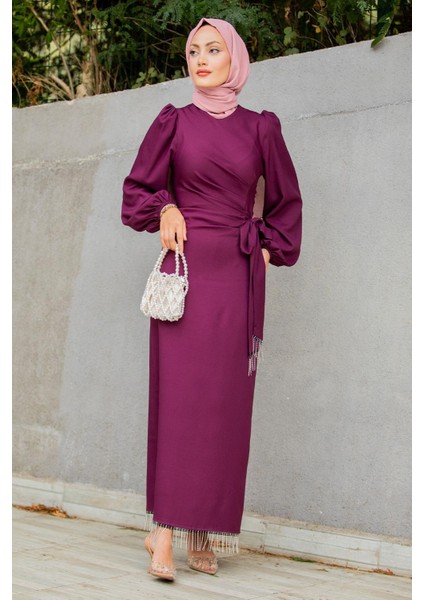 Medy Zincir ve Drapeli Abiye Elbise-Mürdüm modelleri