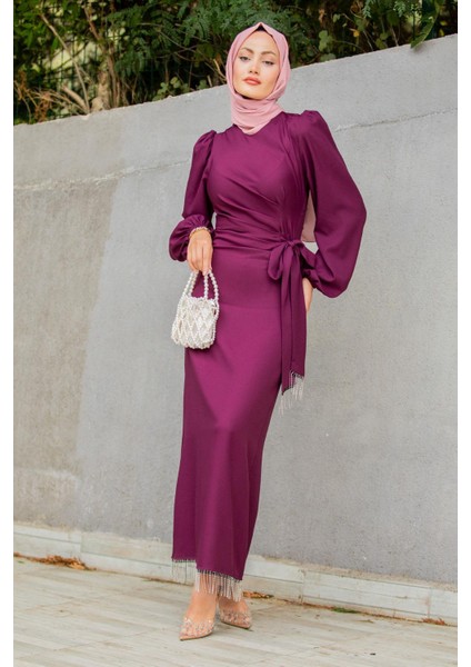 Medy Zincir ve Drapeli Abiye Elbise-Mürdüm fırsatları