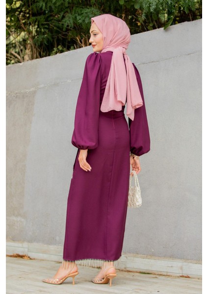 Medy Zincir ve Drapeli Abiye Elbise-Mürdüm indirimleri