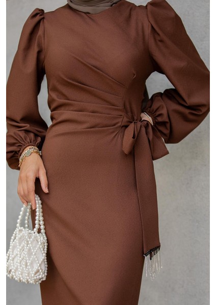 Medy Zincir ve Drapeli Abiye Elbise-Kahve fiyatları