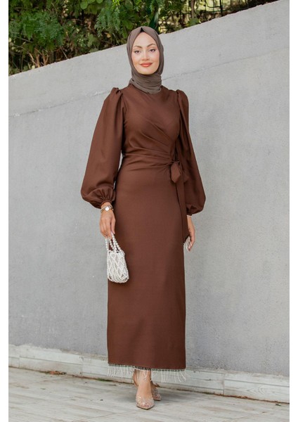 Medy Zincir ve Drapeli Abiye Elbise-Kahve modelleri