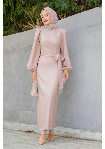 Medy Zincir ve Drapeli Abiye Elbise-Bej