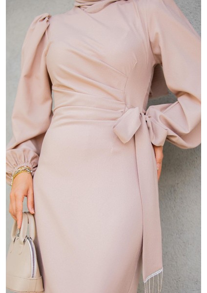 Medy Zincir ve Drapeli Abiye Elbise-Bej fiyatları