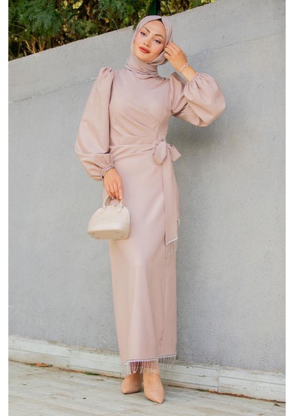 Medy Zincir ve Drapeli Abiye Elbise-Bej modelleri