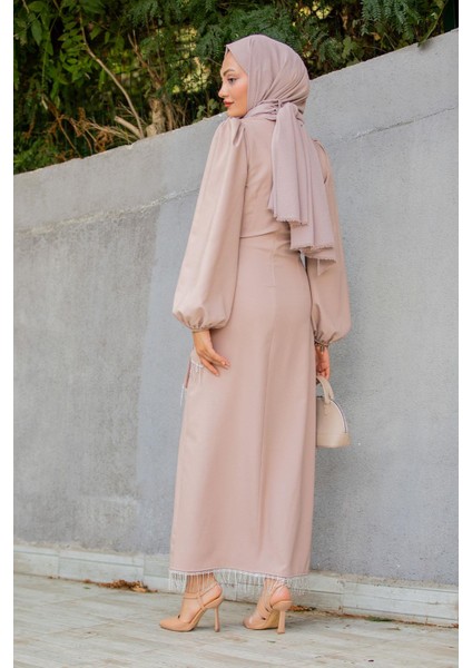 Medy Zincir ve Drapeli Abiye Elbise-Bej fırsatları