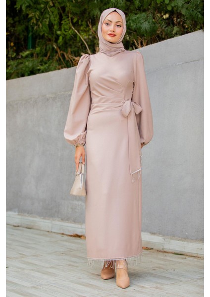 Medy Zincir ve Drapeli Abiye Elbise-Bej indirimleri