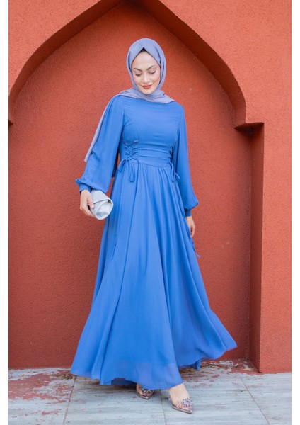 Daesy Bağlama Detay Şifon Abiye-Mavi