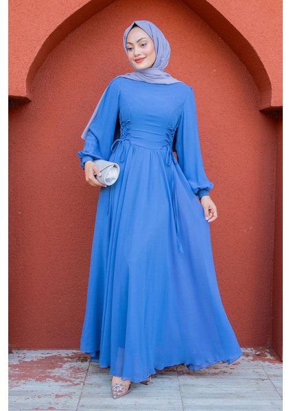 Daesy Bağlama Detay Şifon Abiye-Mavi fırsatları