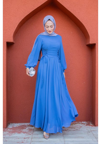 Daesy Bağlama Detay Şifon Abiye-Mavi indirimleri