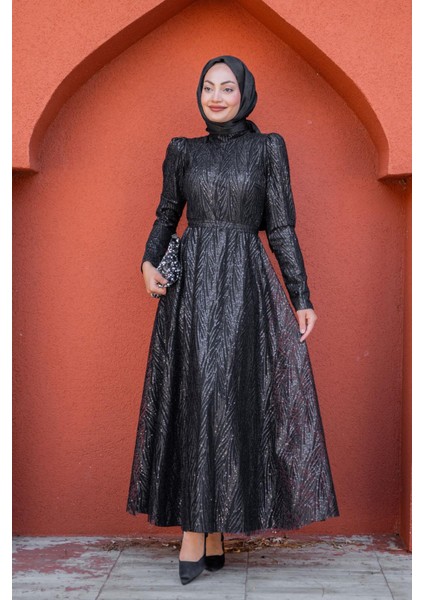 Glint Payet ve Simli Tesettür Abiye-Siyah