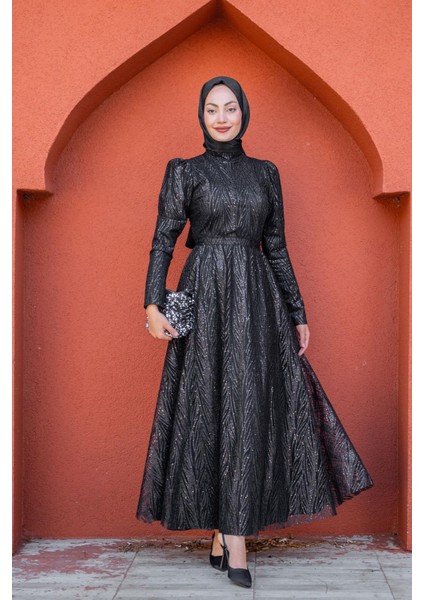 Glint Payet ve Simli Tesettür Abiye-Siyah indirimleri