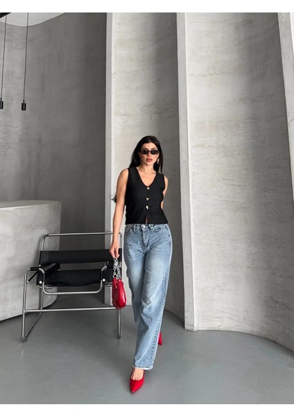 Palazzo Straight Kar Yıkama Jeans Pantolon Mavi D2008 fiyatları