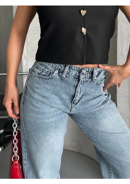 Palazzo Straight Kar Yıkama Jeans Pantolon Mavi D2008 modelleri