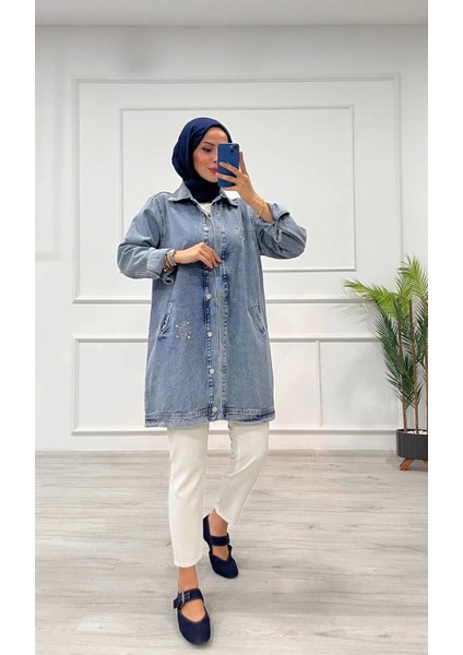 Taşlı Tunik Ceket Kar Yıkamalı Mavi D2516