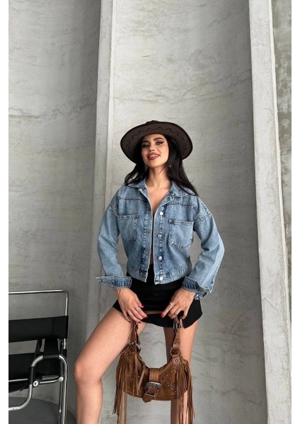 Çift Cepli Kol Katlamalı Kar Yıkama Crop Kot Ceket Mavi D2000 fırsatları