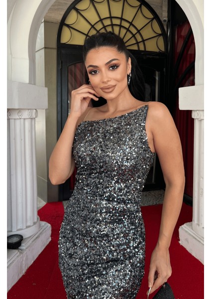 Pul Payet Kumaş Straplez Abiye Elbise - Antrasit modelleri