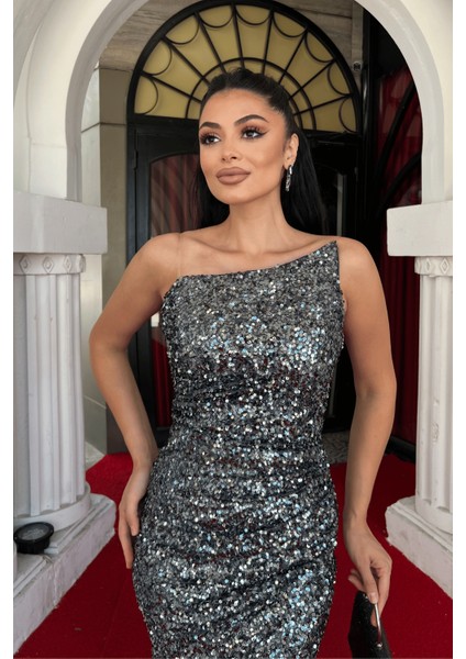 Pul Payet Kumaş Straplez Abiye Elbise - Antrasit fırsatları