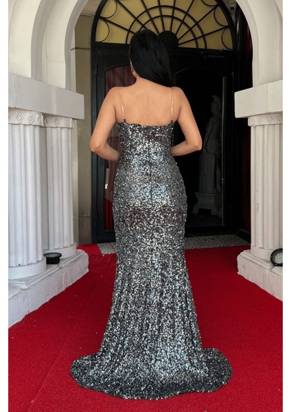 Pul Payet Kumaş Straplez Abiye Elbise - Antrasit indirimleri