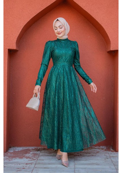 Glint Payet ve Simli Tesettür Abiye-Zümrüt