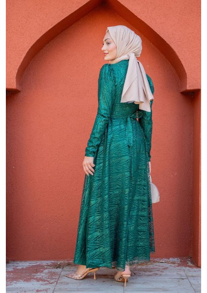 Glint Payet ve Simli Tesettür Abiye-Zümrüt modelleri