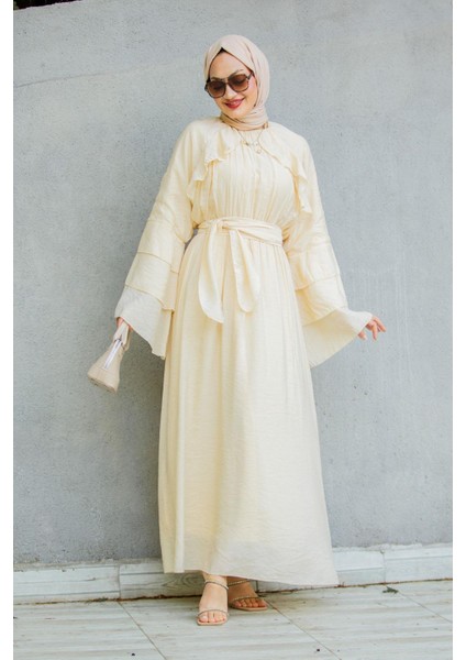 Risey Fırfırlı Relax Elbise-Bej