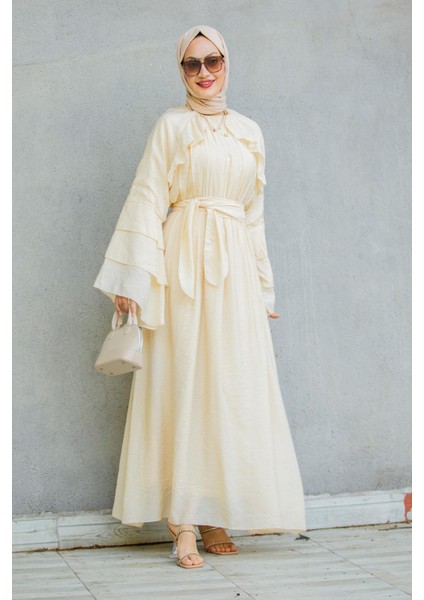 Risey Fırfırlı Relax Elbise-Bej indirimleri