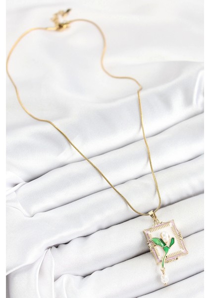 316L Çelik Zincir Beyaz Sanatsal Portre Sallantılı Inci Detaylı Lale Model Gold Renk Kadın Kolye fiyatları