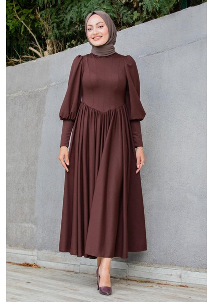 Madam Kuplu Tasarım Elbise-Kahve