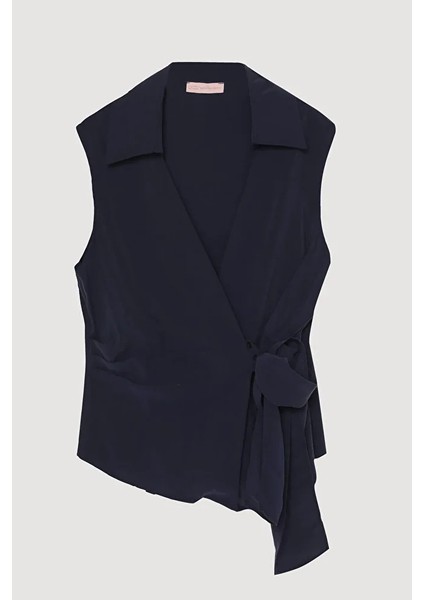 Kruvaze Yaka Bağlamalı Kolsuz Bluz Haki