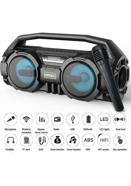 Kablosuz Mikrofonlu Bluetooth Hoparlör Karaoke USB Aux Bas Fm Radyo Tf Müzik Sistemi Stereo