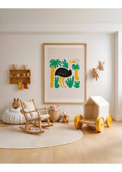 Jungle Ostrich - Doğal Ahşap Çerçeveli Tablo - Eğlenceli Çocuk Posteri fiyatları