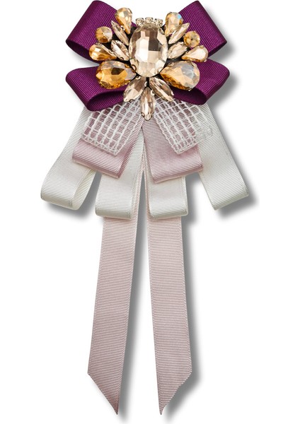 Shine Seri Mürdüm Grogren Kurdele Dantelli Taşlı Yaka Çiçeği