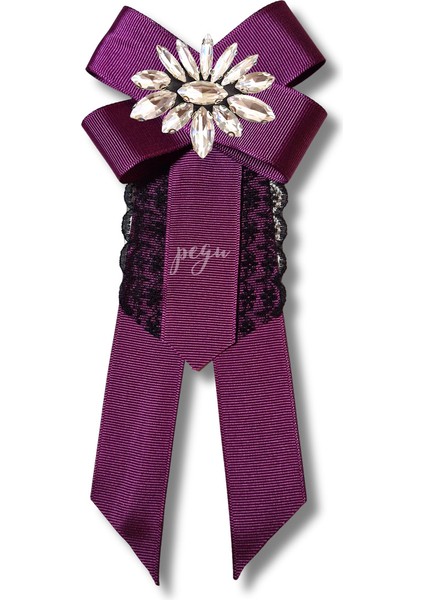 Shine Seri Mürdüm Grogren Kurdele Dantelli Taşlı Yaka Çiçeği