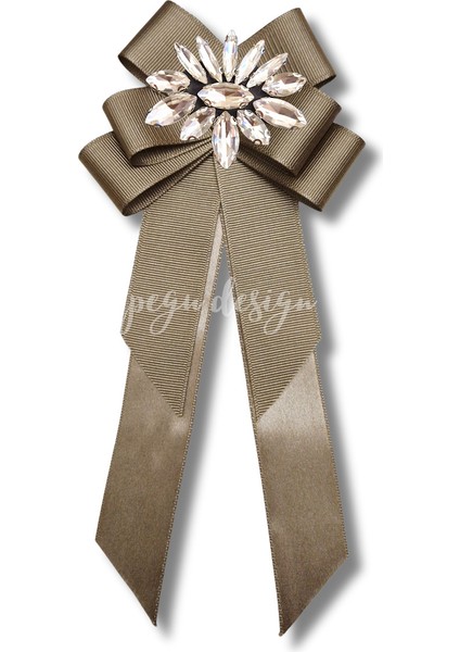 Shine Seri Kahve Ekru Yeşil Grogren Kurdele Kurdele Taşlı Yaka Çiçeği