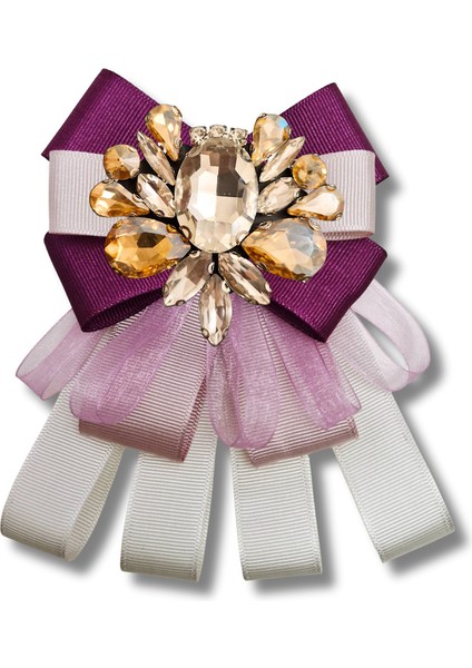 Shine Seri Mürdüm Grogren Kurdele Dantelli Taşlı Yaka Çiçeği