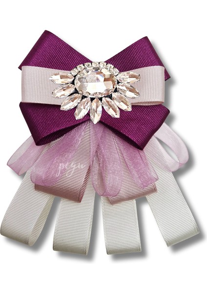 Shine Seri Mürdüm Grogren Kurdele Dantelli Taşlı Yaka Çiçeği