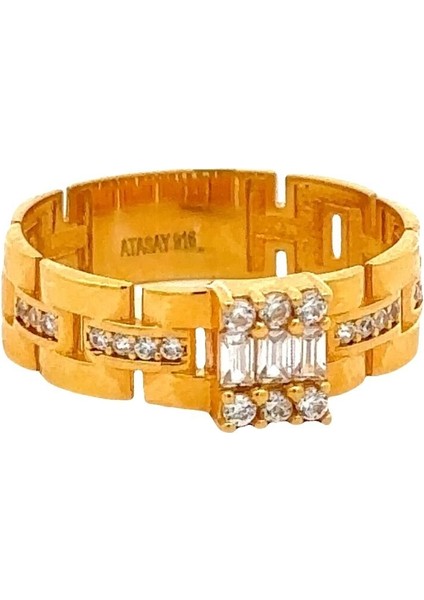 Zirkon Baget Taş Detaylı Modern Tarz Sarı Altın Yüzük