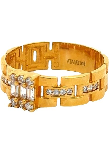 Zirkon Baget Taş Detaylı Modern Tarz Sarı Altın Yüzük modelleri