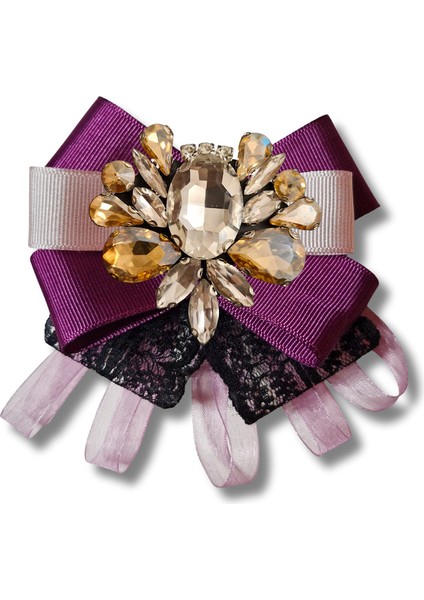 Shine Seri Mürdüm Grogren Kurdele Dantelli Taşlı Yaka Çiçeği