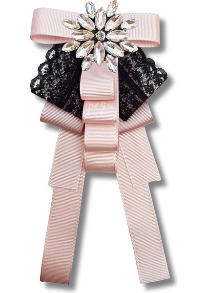 Shine Seri Pudra Ekru Grogren Kurdele Taşlı Yaka Çiçeği