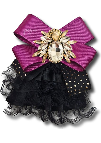 Shine Seri Mürdüm Grogren Kurdele Dantelli Taşlı Yaka Çiçeği