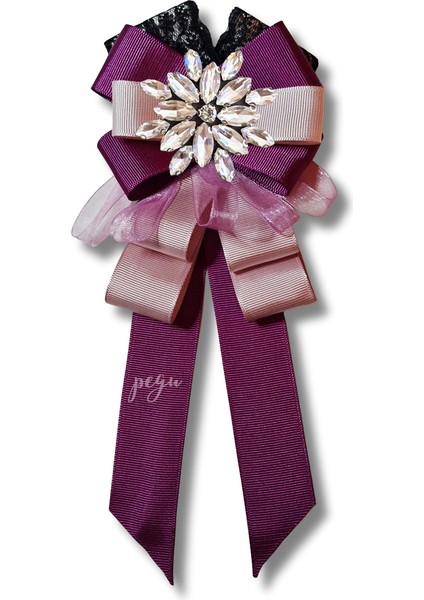 Shine Seri Mürdüm Grogren Kurdele Dantelli Taşlı Yaka Çiçeği